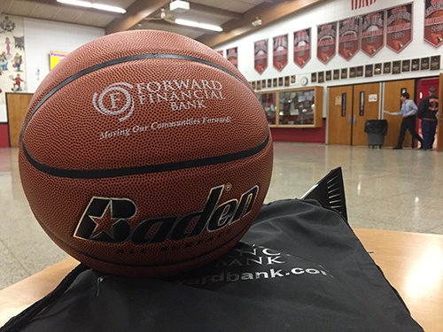 Close up basketball with Forward Financial Bank logo imprinted used for the $5,000 Half Court Shot contest