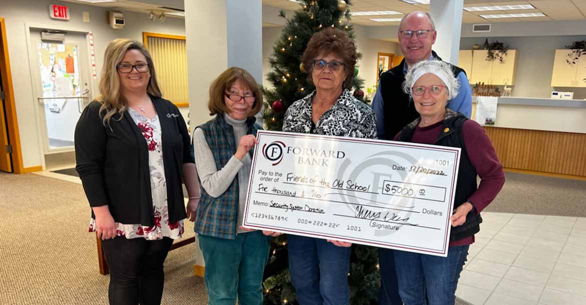 Forward Bank in Withee presents Friends of the Old School with check for $5,000