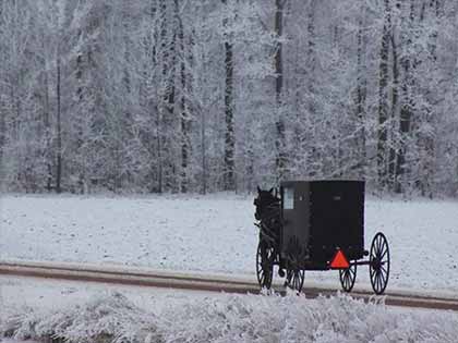 horse drawn Amish buggy going down road on winter day
